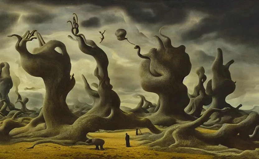 Image similar to strange disturbing surrealistic landscape with very small strange figures in the distance with large looming biomorphic figures looming inthe foreground, cast shadows, chiaroscuro, painted by dali and rachel ruysch, timeless disturbing masterpiece