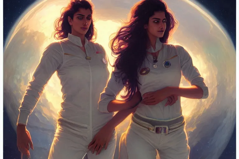 Image similar to Sensual good looking pale young Indian doctors wearing jeans in a space station above Earth, portrait, elegant, intricate, digital painting, artstation, concept art, smooth, sharp focus, illustration, art by artgerm and greg rutkowski and alphonse mucha