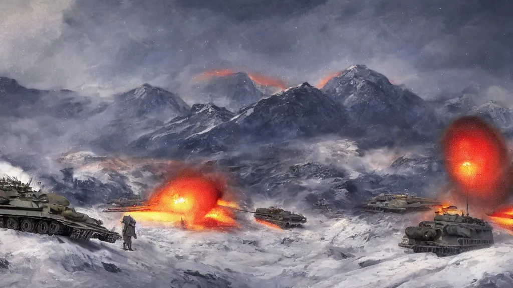 Prompt: snowy mountain, second world war fighting against ufo, aliens, tanks, jet fighters, missiles, with anti aircraft guns, with fire and smoke in the background by eugene von guerard, ivan shishkin, dramatic lighting, concept art, trending on artstation, 8 k