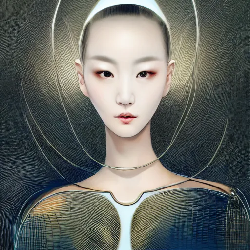 Image similar to close-up portrait of a beautiful Korean Luxurious Goddess wearing an elegant futuristic outfit posing dramatically in the art style of James Jean, rule of thirds, fair complexity, 4k quality