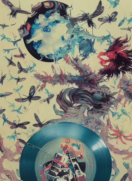 Image similar to surreal gouache painting, by yoshitaka amano, by ruan jia, by Conrad roset, by good smile company, detailed anime 3d render of a Magical flying Vinyl records , DJ Mixer, deck surrounded by Dragonflies, Vinyl records, controller, portrait, cgsociety, artstation, rococo mechanical and Digital and electronic, dieselpunk atmosphere
