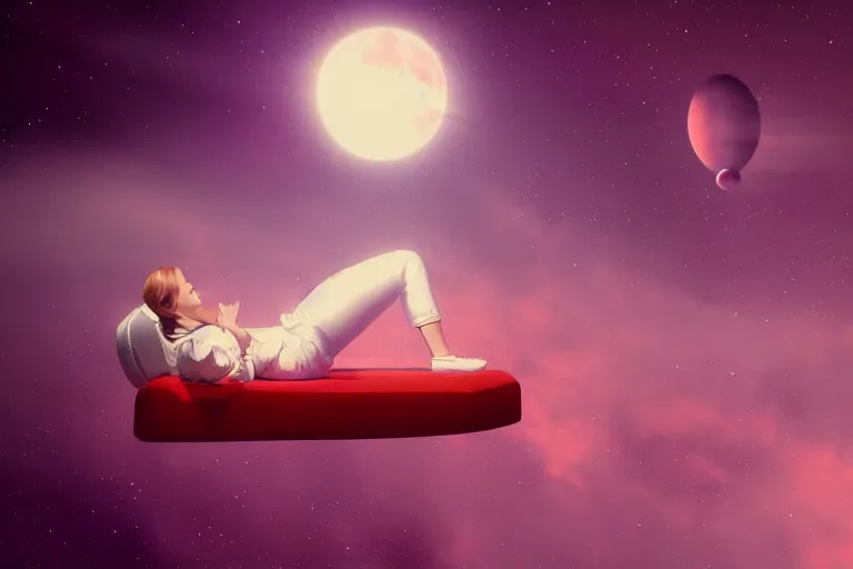Image similar to a cute astronaut girl sitting on a cloud relaxing, misty, digital art, hazy, foggy, red lighting, ambient lighting, 8 k,