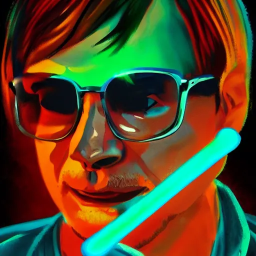 Image similar to jeffrey dahmer in a nightclub with glowsticks, late 7 0 s polaroid photo, digital painting, ultradetailed, artstation, oil painting, ultradetailed, artstation