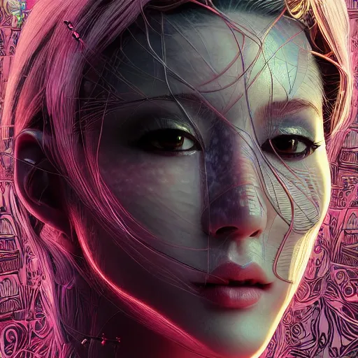 Prompt: the portrait of an absurdly beautiful, graceful, elegant, sophisticated, fashionable cyberpunk gravure idol, an ultrafine hyperdetailed illustration by kim jung gi, irakli nadar, zhong lin, intricate linework, bright colors, collage, porcelain skin, unreal engine 5 highly rendered, global illumination, radiant light, detailed and intricate environment