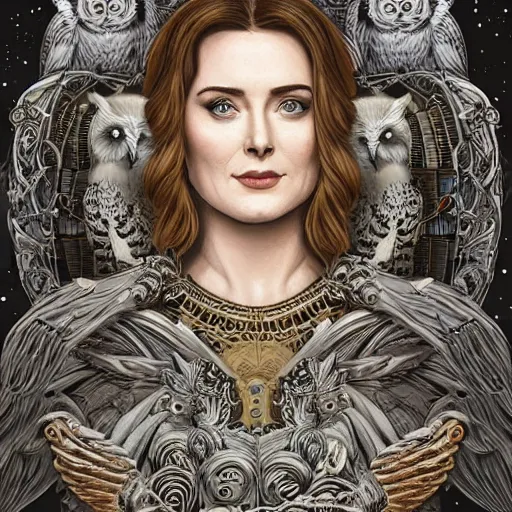 Image similar to a portrait of alexandra breckenridge as the goddess minerva surrounded by stacks of books, and owls, bioluminescent gown with deep level of detail of esoteric symbols, urban motifs, intricate, elegant, highly detailed, digital painting, trending on artstation, concept art, smooth sharp focus, illustration, art by artgerm and greg rutkowski