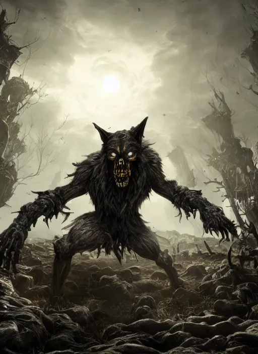 Image similar to werewolf fighting an endless army of skeletons, ultra detailed fantasy, elden ring, realistic, dnd, rpg, game design concept art, behance hd, artstation, deviantart, global illumination radiating a glowing aura global illumination ray tracing hdr render in unreal engine 5