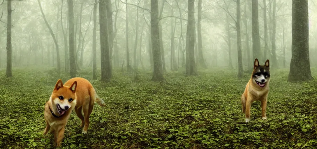 Image similar to a complex organic fractal 3 d metallic symbiotic ceramic humanoid megastructure shiba inu in a swampy lush forest, foggy, cinematic shot, photo still from movie by denis villeneuve