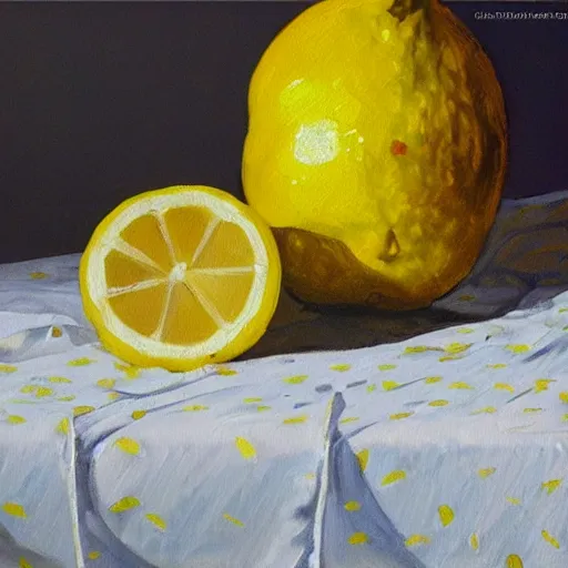 Image similar to lemons dramatic lighting on white tablecloth, oil painting, pale colors, high detail, 8 k, wide angle, trending on artstation,