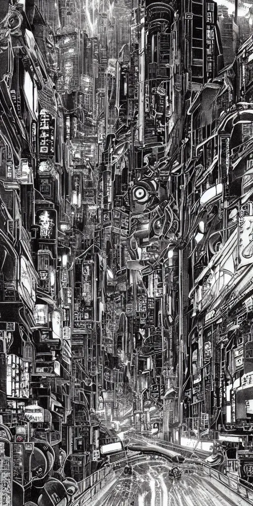 Image similar to beautiful and detailed anime drawing of an AKIRA-like cyberpunk city landscape with light trail from a motorcycle at the bottom and a bridge silhouette at the top, japan at night, 1980s, by Katsuhiro Otomo and mamoru oshii, wide angle, worm\'s eye view, grand, clean, colorful