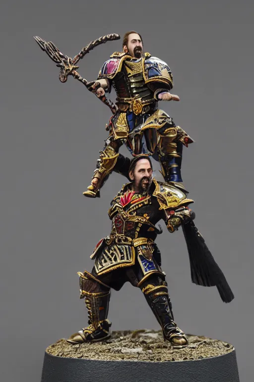 Prompt: Nicholas Cage as a detailed painted Games Workshop miniature, studio lighting