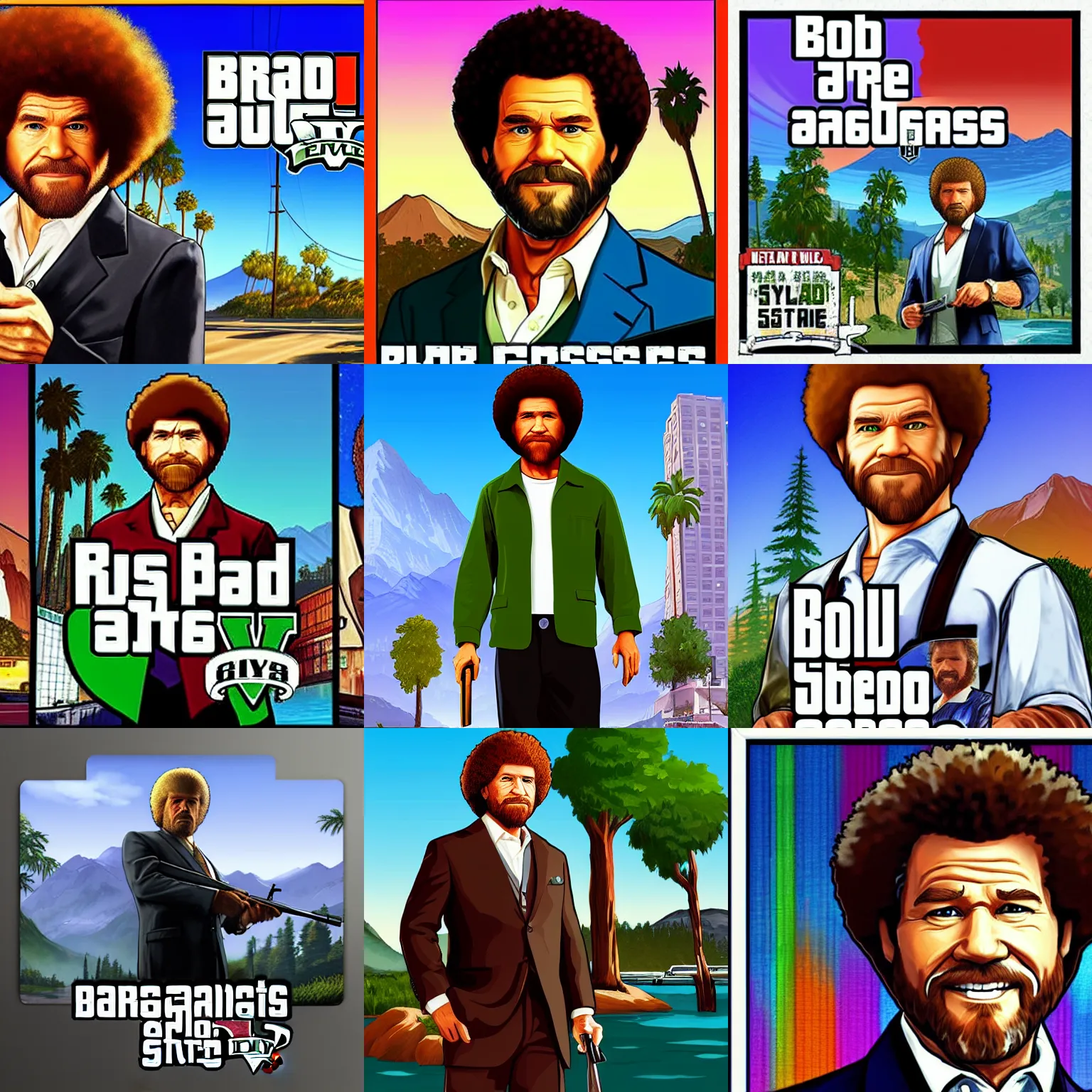 Prompt: Bob Ross in style of GTA V cover art