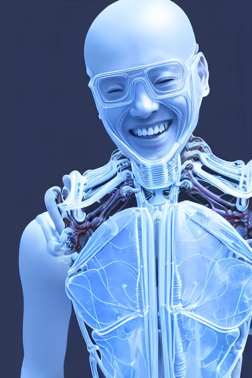 Image similar to hyperrealistic close-up translucent intricate exoskeleton!! smiling chinese man covered highly detailed concept art eric zener elson peter cinematic side soft blue light high angle hd 8k sharp shallow depth of field