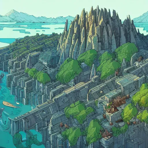 Prompt: cell shaded adult animation, a birds eye view overlooking a walled off ancient fantasy city being attacked by monsters, surrounded by mountains and trees of greens and browns, rivers and lakes, concept art by josan gonzales and wlop, Laurie Greasley and james jean, highly detailed, sharp focus, Trending on Artstation, HQ, deviantart, art by artgem