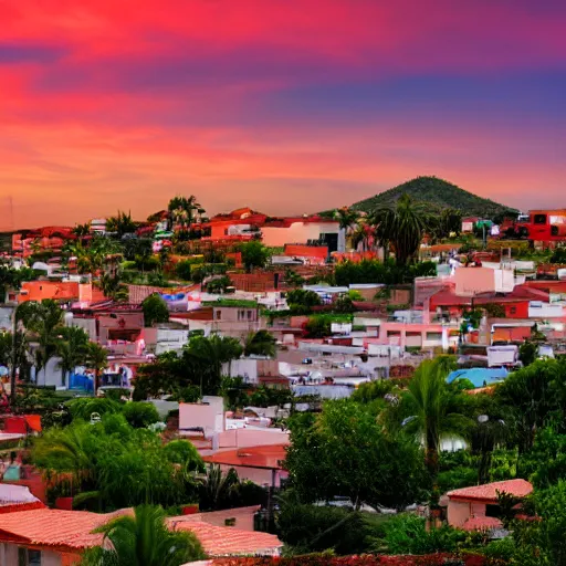 Image similar to a very high quality photo of a beautiful hispanic town during sunset