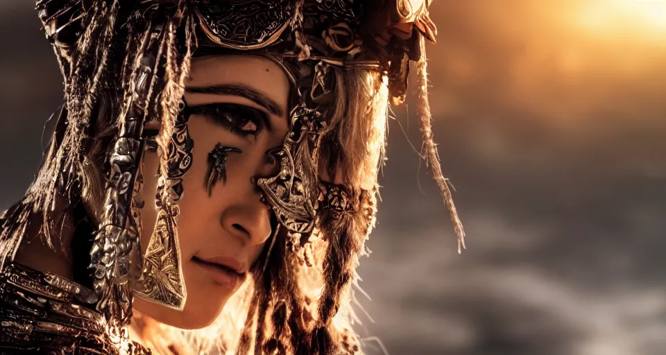 Image similar to close - up photo of a beautiful warrior princess in a battle scene, shallow depth of field, photorealistic, cinematic lighting, warm colours, dusk