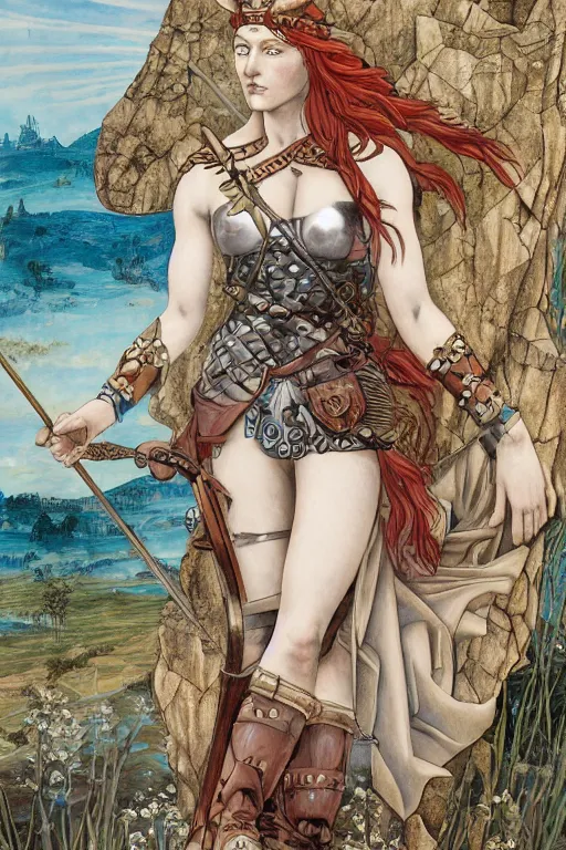 Image similar to boudica the barbarian queen, in a mixed style of Botticelli and Æon Flux, inspired by pre-raphaelite paintings and shoujo manga, a misty moor landscape in the background, hyper detailed, stunning inking lines, flat colors, 4K photorealistic