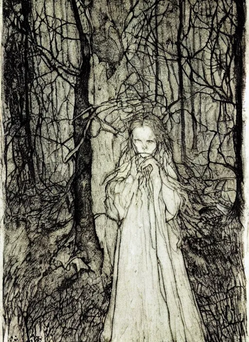 Prompt: little girl in the scary woods, face clearly visible by john bauer, arthur rackham