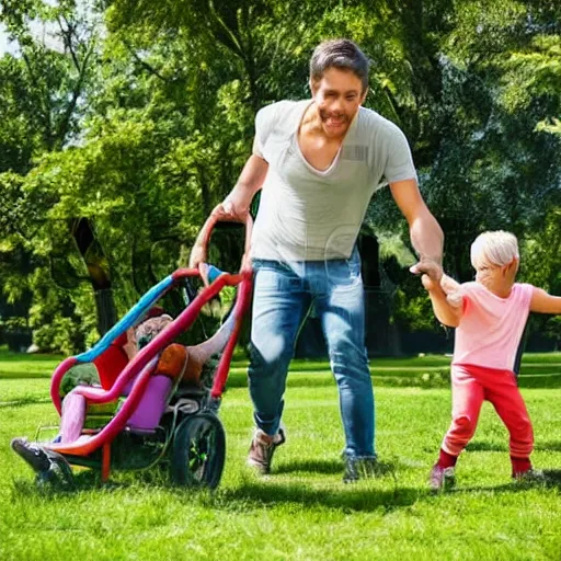 Prompt: high quality stock photo of a man playing in a park with his children, detailed