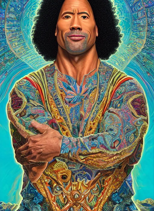 Image similar to beautiful oil painting, full length portrait of Dwayne the rock Johnson as Louis xiv in coronation robes 1701, Dan Mumford, Dan Mumford, Alex grey, Alex grey, lsd visuals, dmt fractal patterns, entheogen, psychedelic art, hallucinogen, highly detailed, ornate, vaporwave