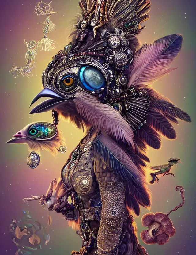 Image similar to 3 d goddess wide angle portrait with feathers, fur, and bones. beautiful intricately detailed avante garde kookaburra mask and retrowave sorceress outfit. lizard, reflective chitin, optical mineralogy, mycelium, mushrooms, plasma, creature, artwork by tooth wu and android jones wlop and android jones and beeple and greg rutkowski