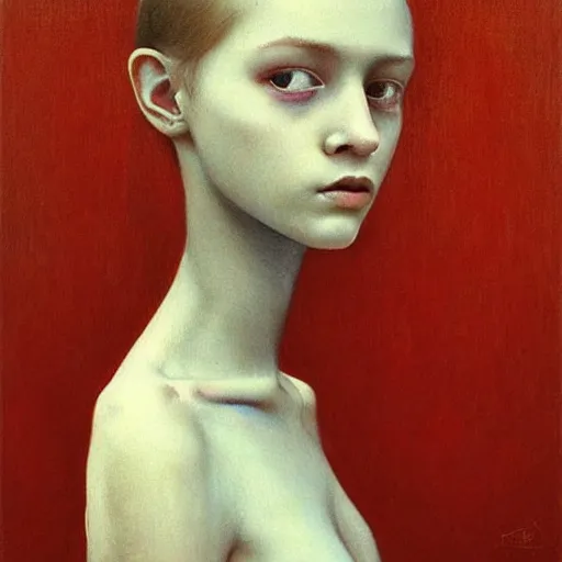 Prompt: (portrait) of pale white young teen girl 16 years old in beautiful red dress, she has (black) short hairs. Painting by Beksinski