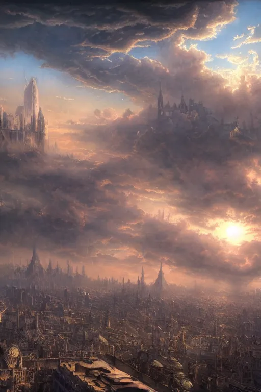 Prompt: a beautiful hyper realistic detailed matte painting of a city floating in the air, flying castle might, vivid color hues, looks like creativity by john howe, greg rutkowski, gustave dore, ferdinand knab, lush sky above a desolate apocalyptic plain, barometric projection, rectilinear, octane render, ellen jewett, beautiful surreal palatial pulsar at dawn