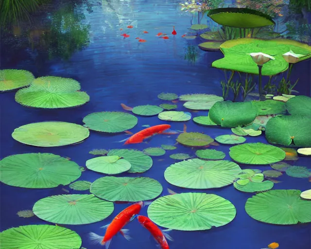 Image similar to koi pond, lotus flowers, dark blue water, green lily pads, goldfish, a fantasy digital painting by makoto shinkai and James Gurney, trending on artstation,