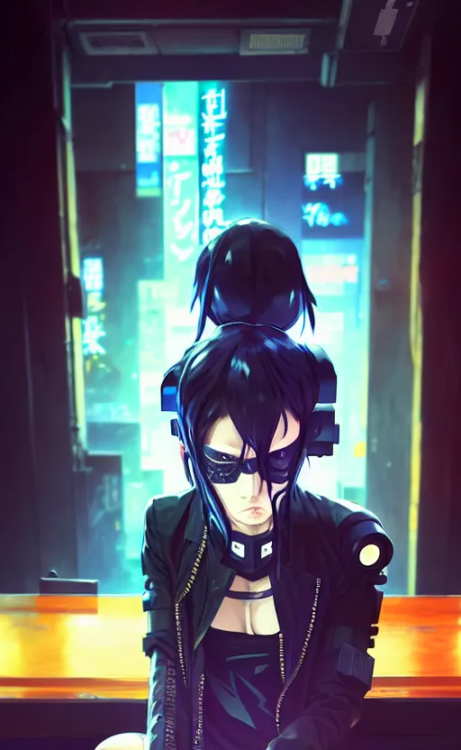 Image similar to cyberpunk anime girl sit in a night bar, cyberpunk oni mask, 3 / 4 shot, street night, beautiful face, grafity, arcane, detail, good face, pose model, concept art, in style of yoji shinkawa, pan ren wei, col price, atey ghailan, by greg rutkowski, aesthetic, digital painting, 3 d