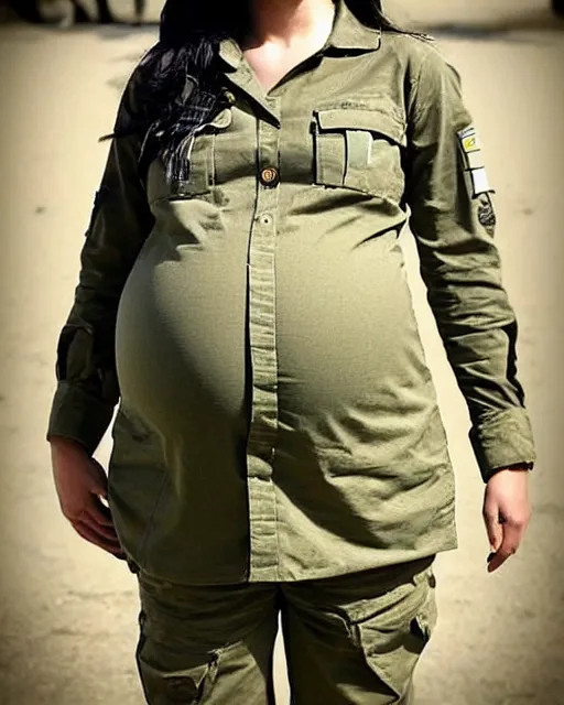 Prompt: “Photo of a heavily pregnant soldier wearing military fatigues, HD”