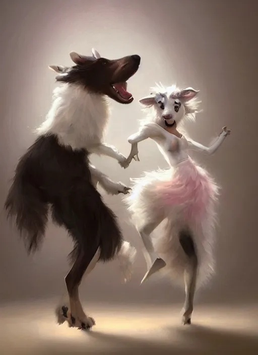 Image similar to wide shot painting of a male anthropomorphic border collie fursona dancing with a cute female anthropomorphic sheep fursona in a ballroom, beautiful, model pose, realistic proportions, highly detailed, scenic background, trending on artstation, art by charlie bowater and henry asencio and and ross tran