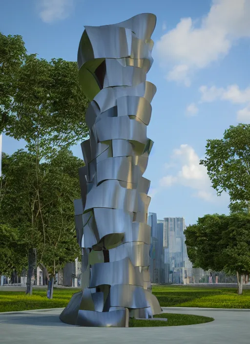 Image similar to highly detailed realistic architecture 3 d render of a futuristic stele monument in frank gehry style standing in city park, archdaily, made in unreal engine 4 octane render