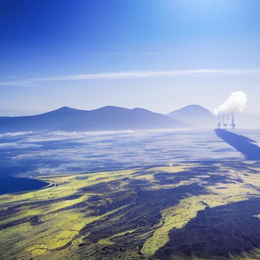 Prompt: Landscape of fields, sea, mountains, volcano, photoelectric powerstations, electric pylons, gas pipe. Style of nasa photo, crisp lighting, clear sky, 8k,