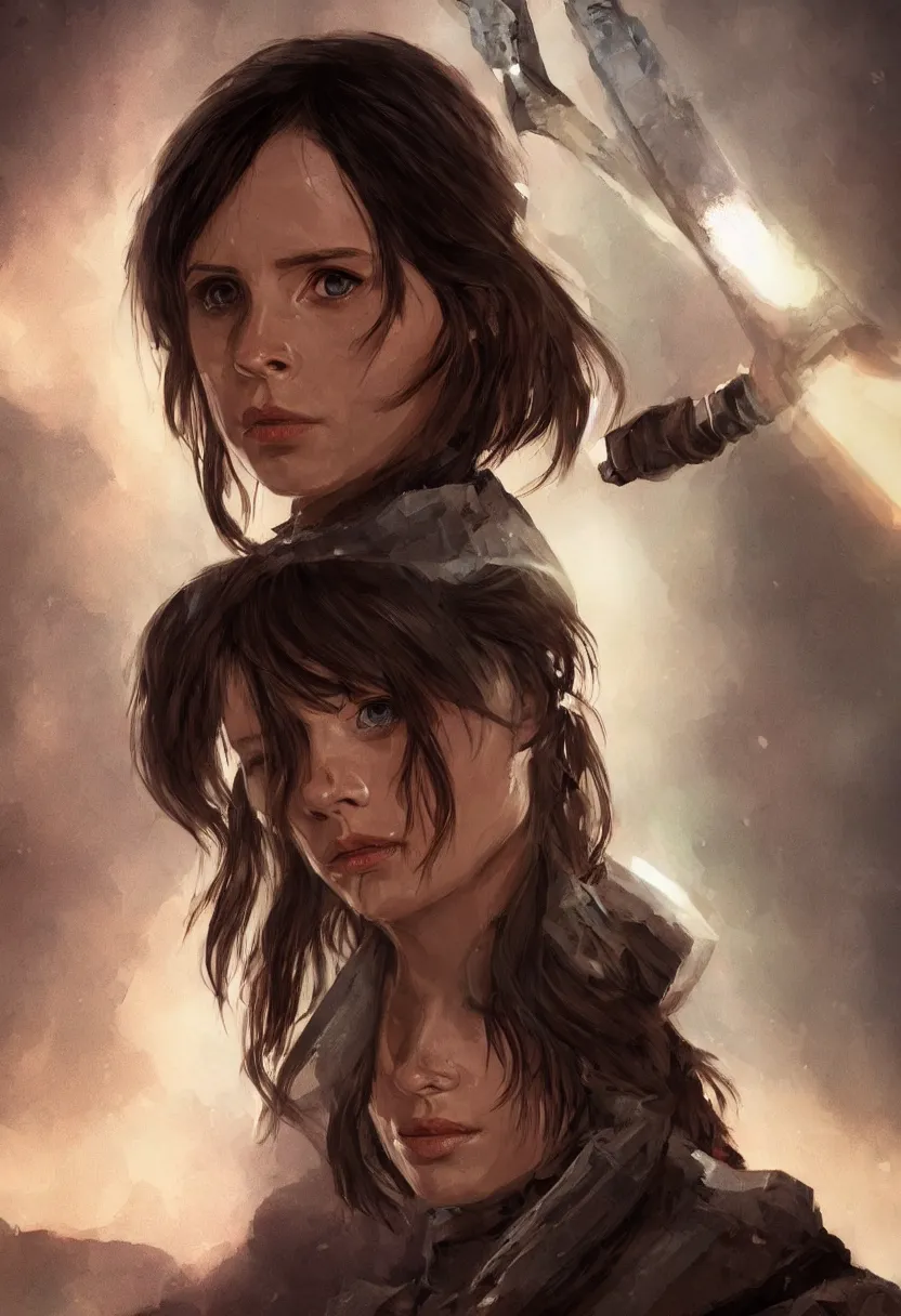 Prompt: portrait of jyn erso with ripped uniform in a glowing cave holding a sparking sword, portrait, profile posing, perfect anatomy, hyper photorealistic, digital photography, artstation, concept art