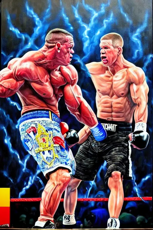 Image similar to john cena fight with eminem, battle rap, california, this painting contains only two people, so no need for any other body additions, sweat, cinematic, ultra realistic, photo epic of the year, hyper detail, complicated, baroque, fit proportions,