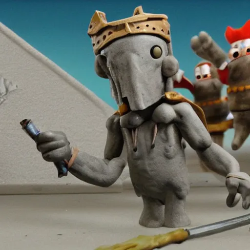 Prompt: A ancient moleman warrior defends his city. In claymation.