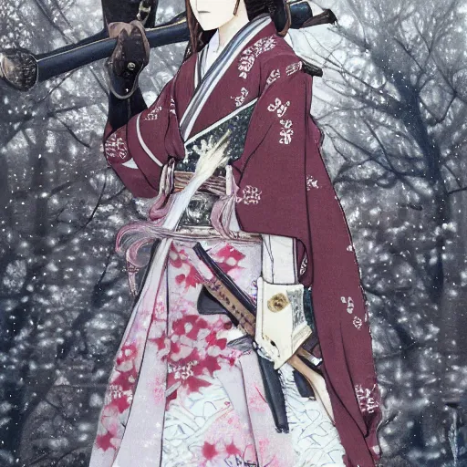 Image similar to detailed portrait of hagrid samurai with swords and steampunk rifles, in snow forest sakura cherry blossom, hakama kimono, trending on artstation elite, elegant, luxury, by krenz cushart, junji ito, takato yamamoto, perfect face, fine details, realistic shaded, fine - face, pretty face