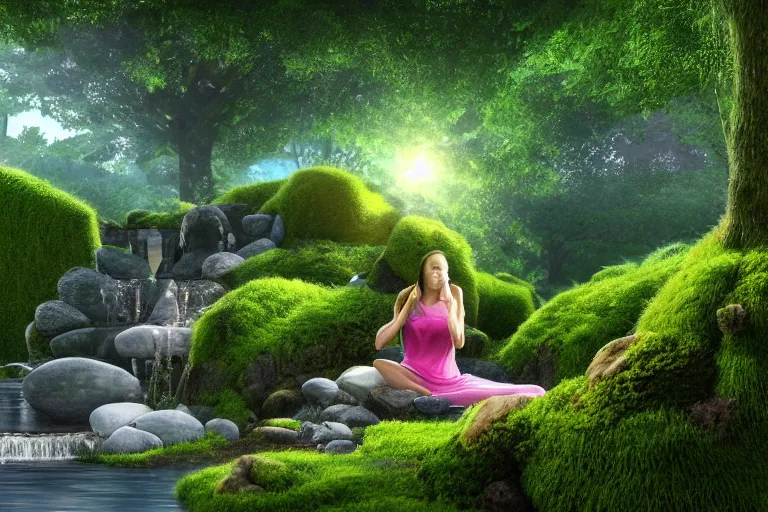 Image similar to hyper realistic detailed render of a heavenly garden of peace, eden filled with trees, stone slab, colourful flowers, moss, ferns, a girl meditating at a distance, small stream or puddles, birds, trending on artstation, volumetric lighting, hyper realistic, hyper detailed, high quality render, blender guru,