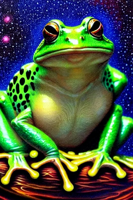 Prompt: a photorealistic detailed cinematic image of a beautiful frog, spiritual science, divinity, utopian, soul journey, portrait, by david a. hardy, kinkade, lisa frank, range murata, public works mural, christian