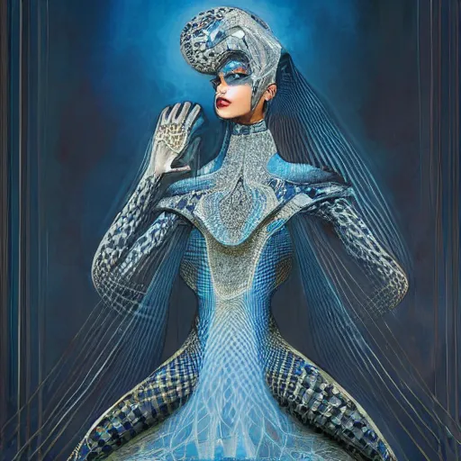 Image similar to a beautiful arabian woman wearing a futuristic dress by alexander mcqueen, thom browne, karol bak, ayami kojima, artgerm, arabian beauty, blue eyes, smile, futuristic, organic dress, pattern, concept art, fantasy