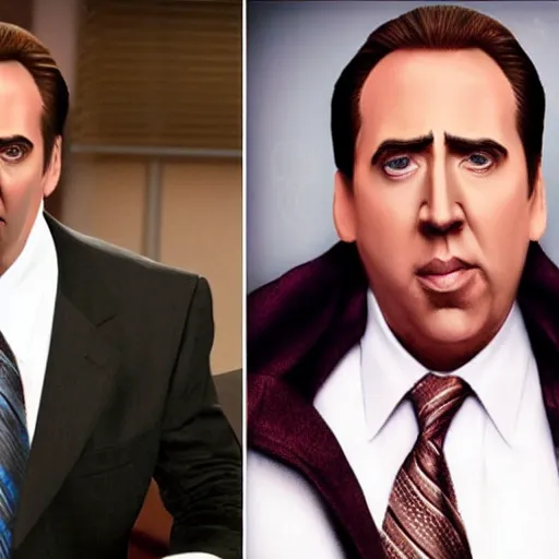 Image similar to nicholas cage as michael scott from office, anatomically correct