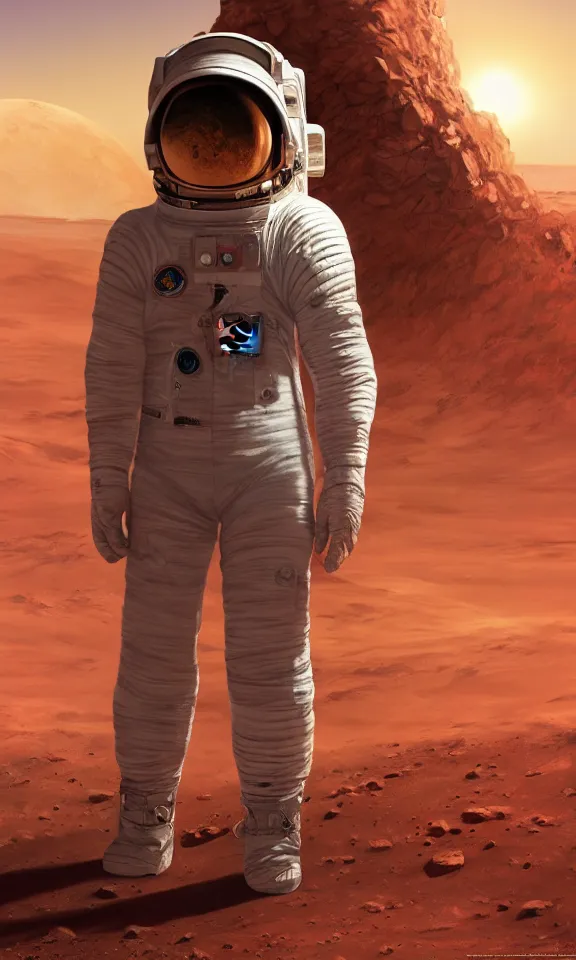 Image similar to astronaut posing on mars, portrait, full body shot, digital art, concept art, fantasy art, highly detailed, hd wallpaper, hdr, artstation, deviantart, behance