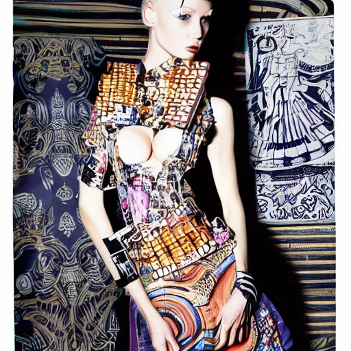 Image similar to A fashion model in dress with a print of a female body, in year 3000, Jean Paul Gaultier editorial, highly detailed