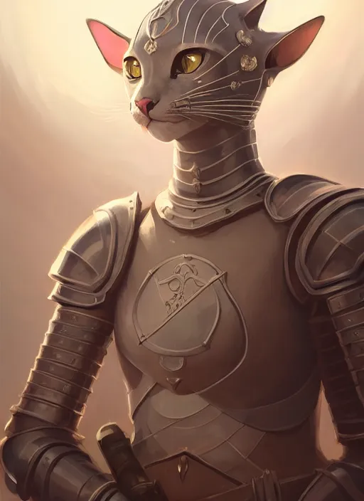 Image similar to highly detailed portrait of a cat knight wearing heavy armor, stephen bliss, unreal engine, greg rutkowski, loish, rhads, beeple, makoto shinkai and lois van baarle, ilya kuvshinov, rossdraws, tom bagshaw, tom whalen, alphonse mucha, global illumination, god rays, detailed and intricate environment