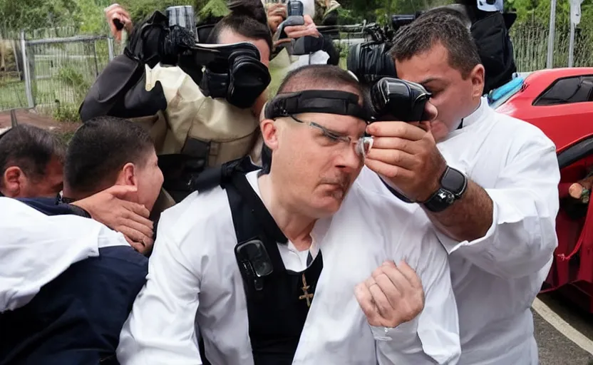 Prompt: photography of priest detained by police, flash shot, arrested and handcuffed