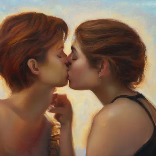 Image similar to two women kissing, oil on canvas, highly detailed, photo realistic