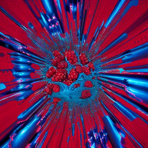 Image similar to raspberry, blueberry, vanilla smoothie explosion, intricate complexity, inverted neon red white and blue drip paint, psychedelic glitch art, trending on art station, photoreal, 8 k, octane render