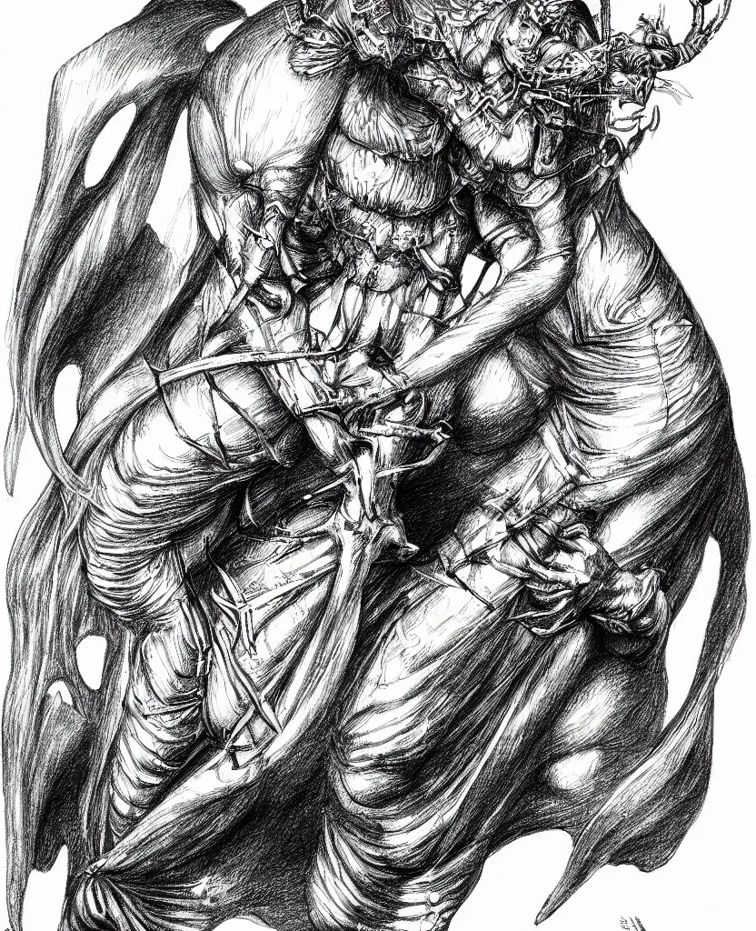 Prompt: line art pencil drawing of medieval half insect half woman chimera, very exaggerated fisheye perspective, art by shinichi sakamoto and kentaro miura