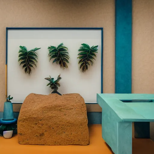 Image similar to a color photography of an exhibition room with an arrangement of elements / anthropological conceptual object / tropicalism / ( ( ( ( ( ( ( ( ( ( ( ( ( ( ( ( brutalism ) ) ) ) ) ) ) ) ) ) ) ) ) ) ) ) / animism, grain / shades / highly detailed / fujifilm x - t 3 0