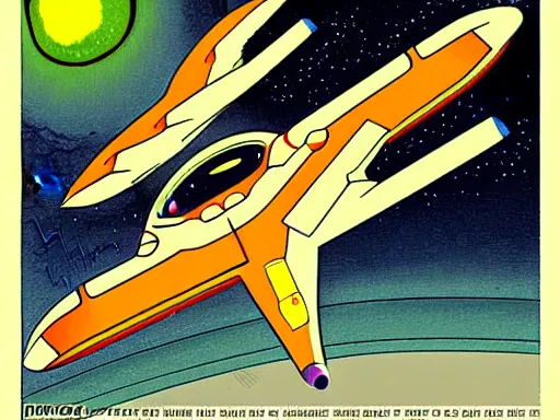 Image similar to a scifi illustration of a fururistic fighter jet. flat colors, limited palette in FANTASTIC PLANET La planète sauvage animation by René Laloux