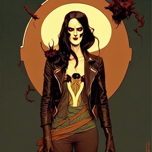 Prompt: Rafael Albuquerque comic art, art nouveau, Peter Mohrbacher, Joshua Middleton, pretty female Eva Green vampire, sharp vampire teeth, sarcastic smile, symmetrical eyes, symmetrical face, brown leather jacket, jeans, long black hair, full body:: building on fire:: hate and anger:: cool colors